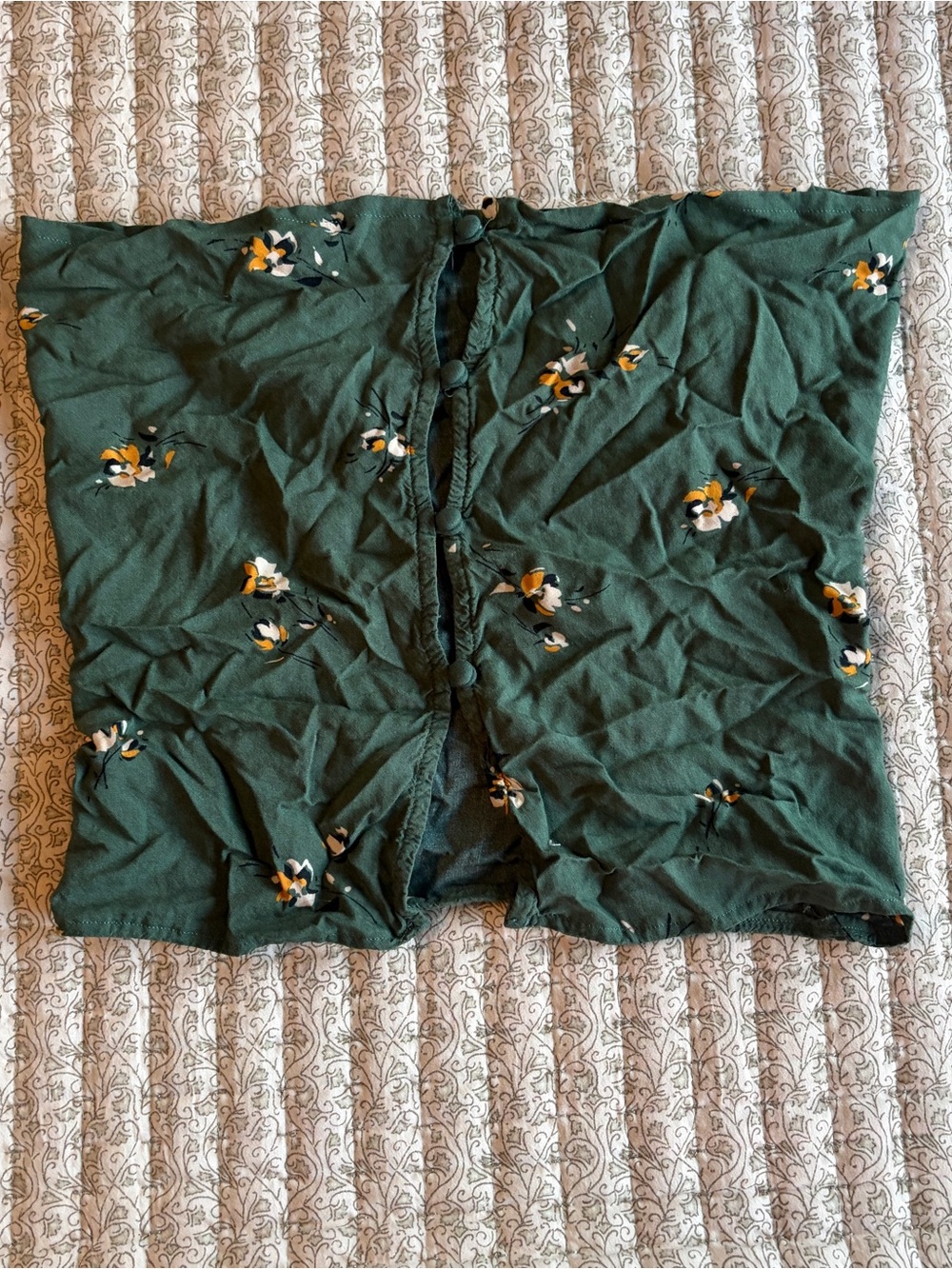 Dark Green Floral Button-back cropped tube top